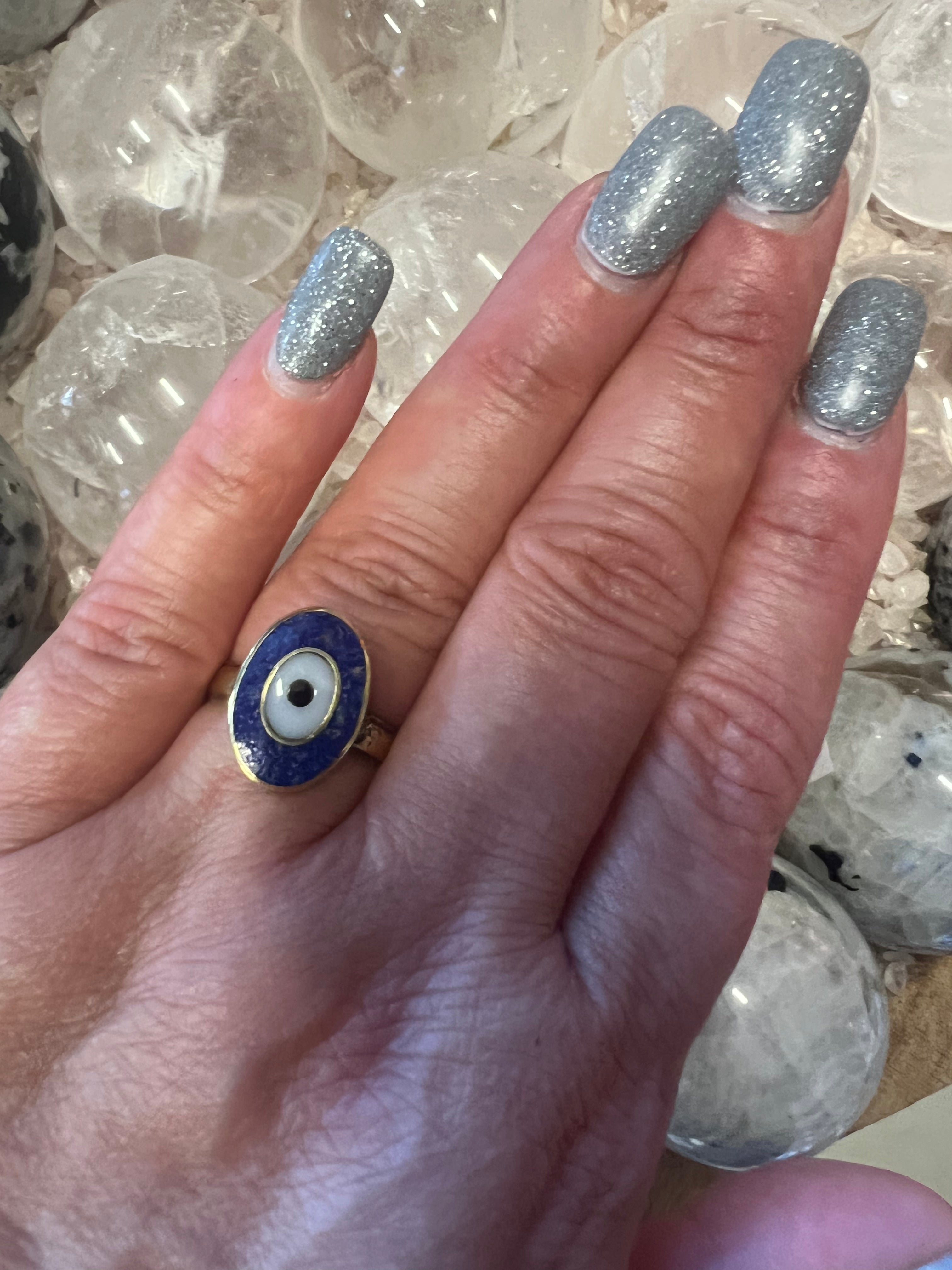 Brass Evil Eye Blue Adjustable Ring Lapis Lazuli