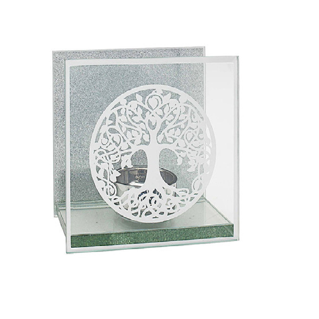 Mirror Tree Of Life Silver Glass Tea Light Candle Holders