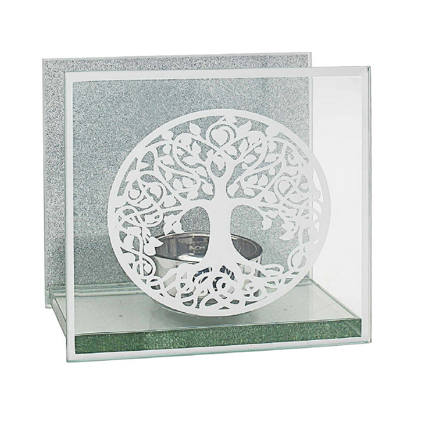 Mirror Tree Of Life Silver Glass Tea Light Candle Holders