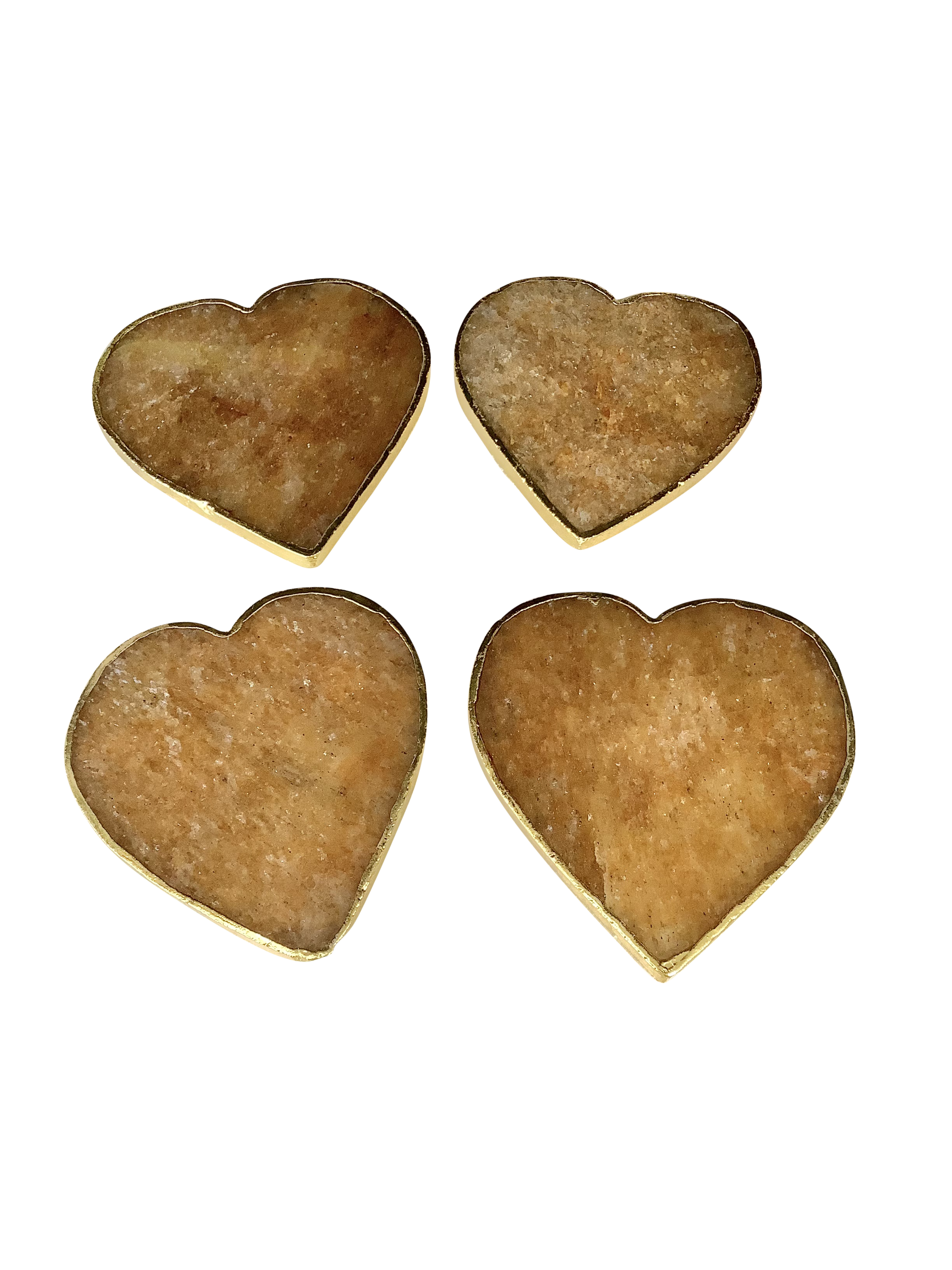Golden Quartz Crystal Coaster Heart Shaped 2 Pieces Gold