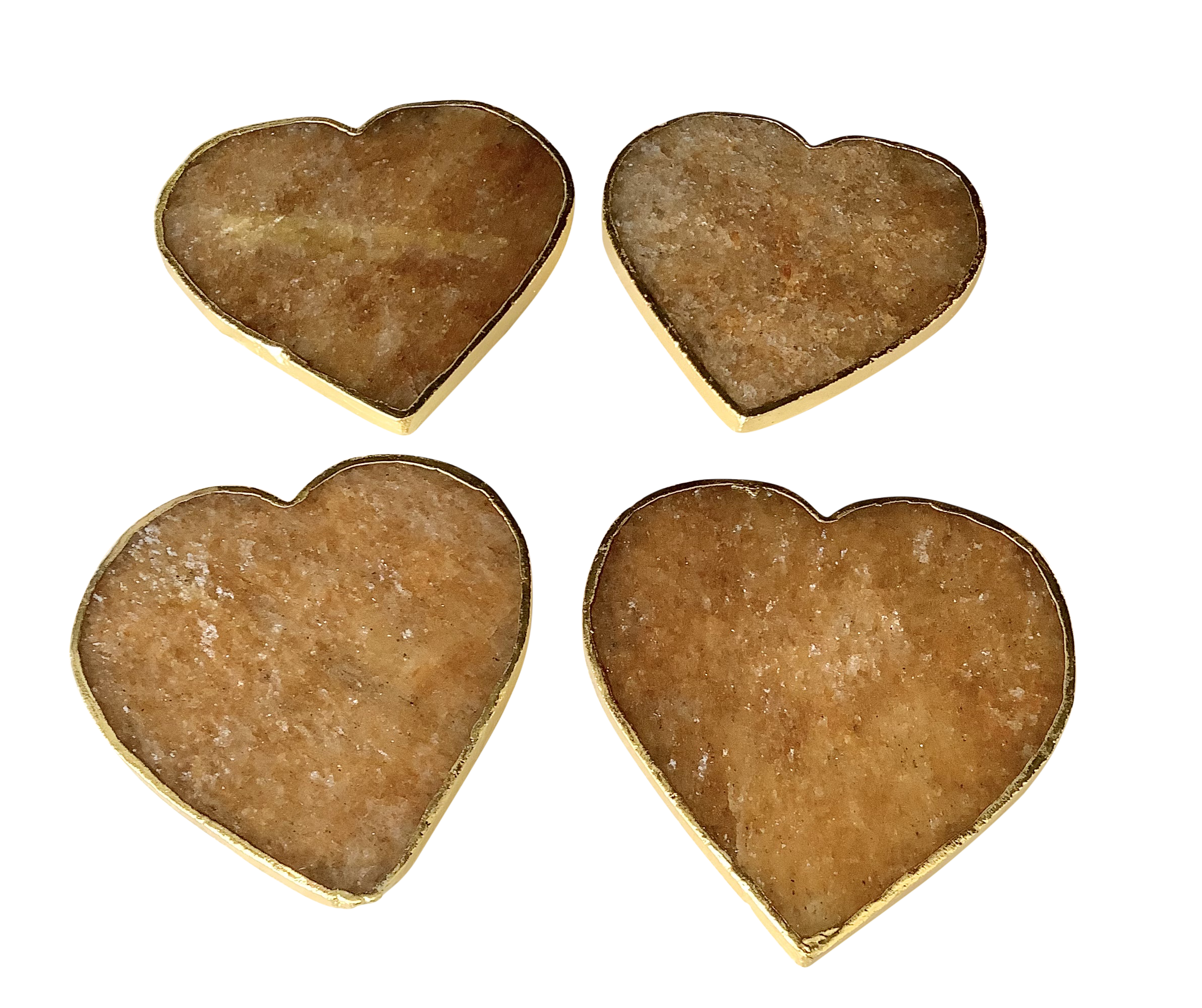 Golden Quartz Crystal Coaster Heart Shaped 2 Pieces Gold