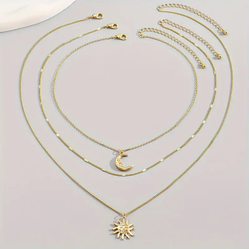 3pcs Sun & Moon Pendant Necklace Set