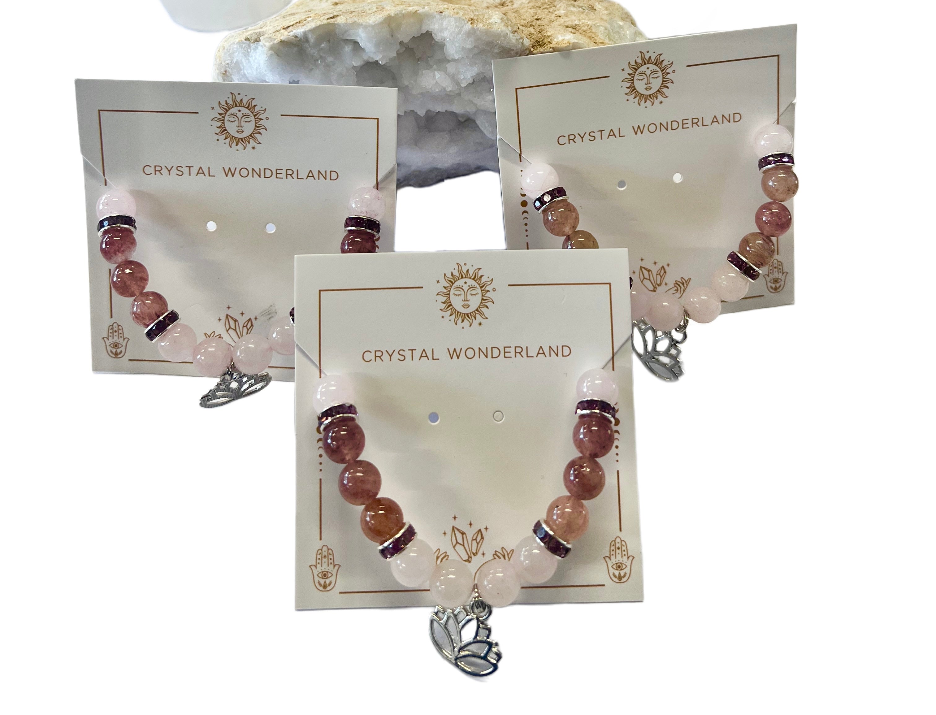 Rose Quartz Strawberry Quartz Lotus Flower Charm Bracelet 8mm