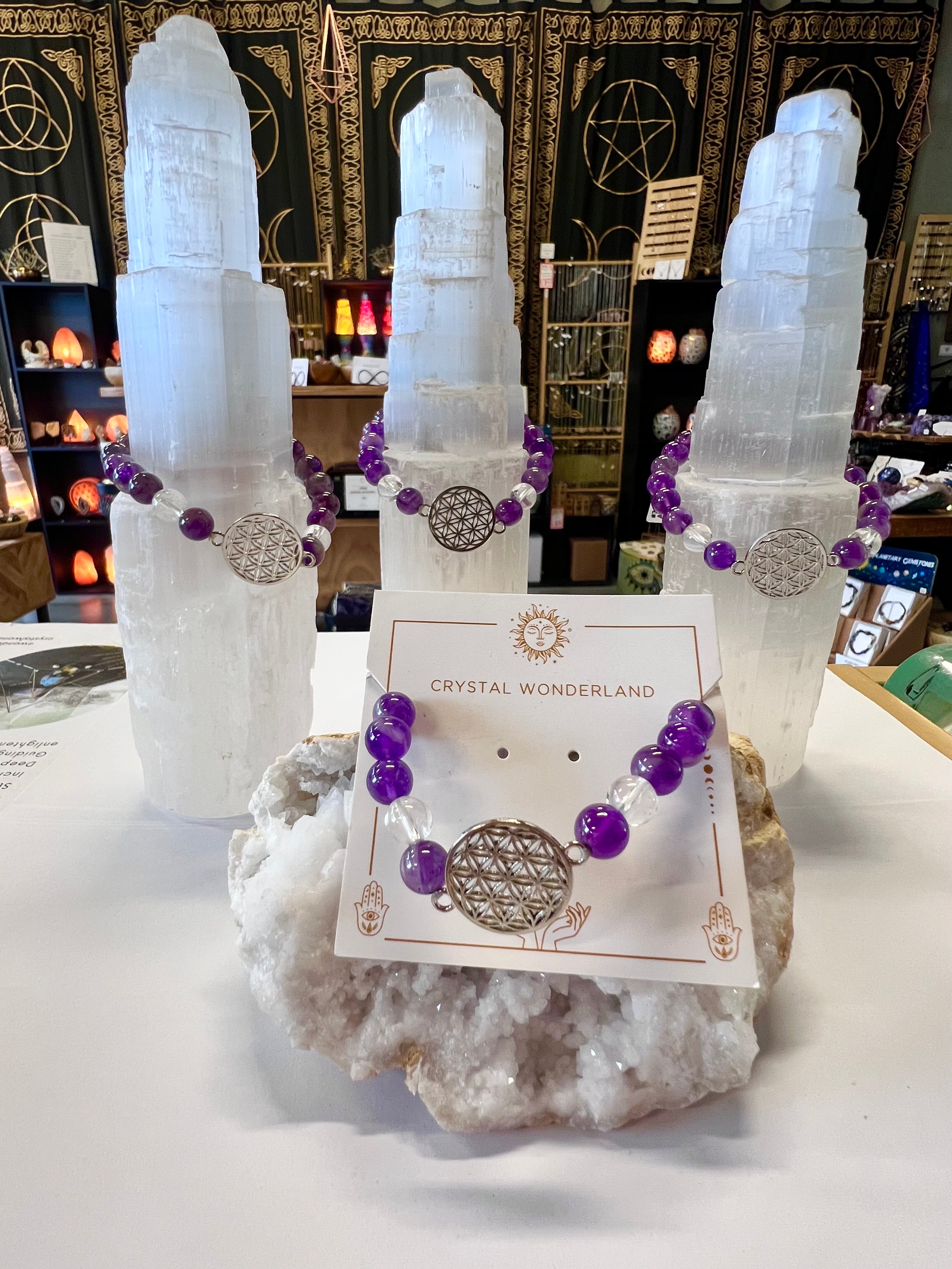 Amethyst Crystal Beads with Flower of LIfe Charm Bracelet 8mm