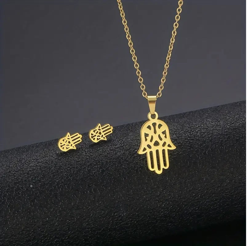 Hamsa Hand Necklace and Earring Set Golden