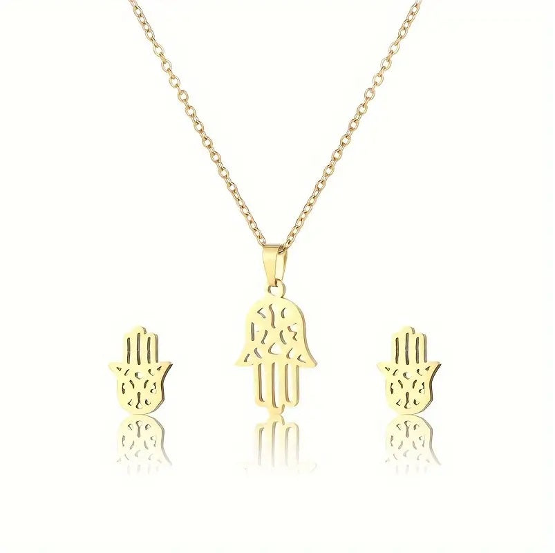 Hamsa Hand Necklace and Earring Set Golden