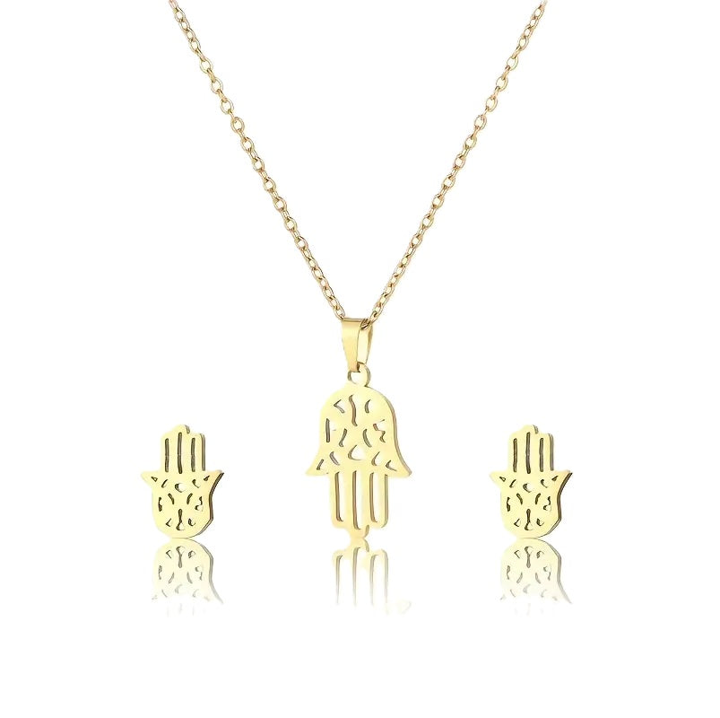 Hamsa Hand Necklace and Earring Set Golden