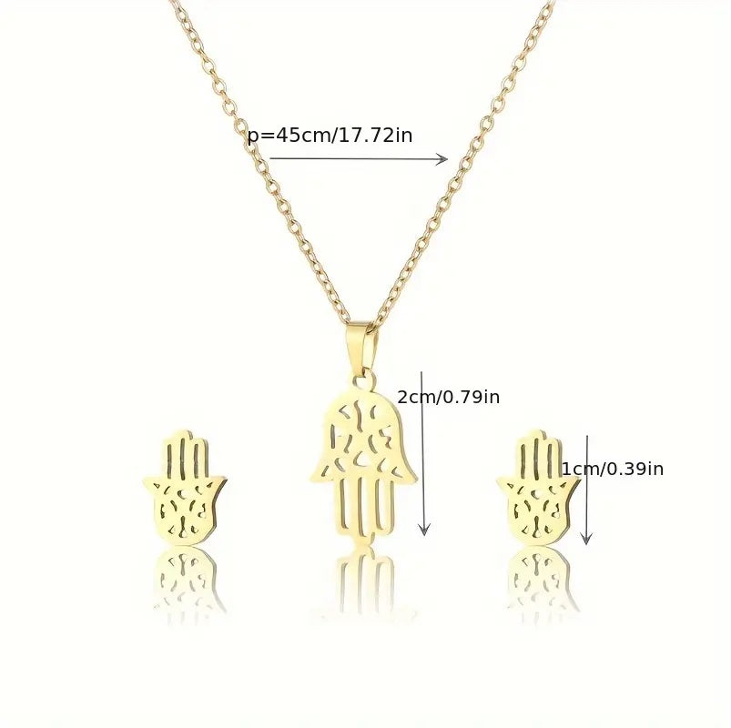 Plated Stainless Steel Hamsa Hand Necklace Earring Set