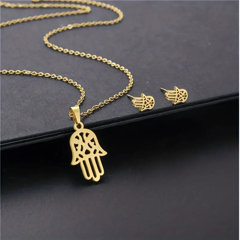 Hamsa Hand Necklace and Earring Set Golden