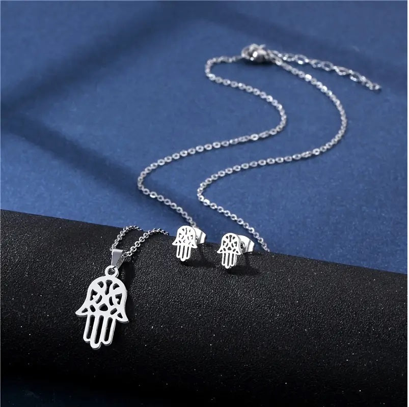 Plated Stainless Steel Hamsa Hand Necklace Earring Set