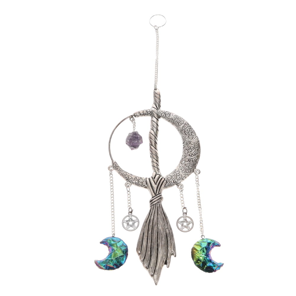 Crescent and Broom Antique Silver Finish Wire Metal Hanging