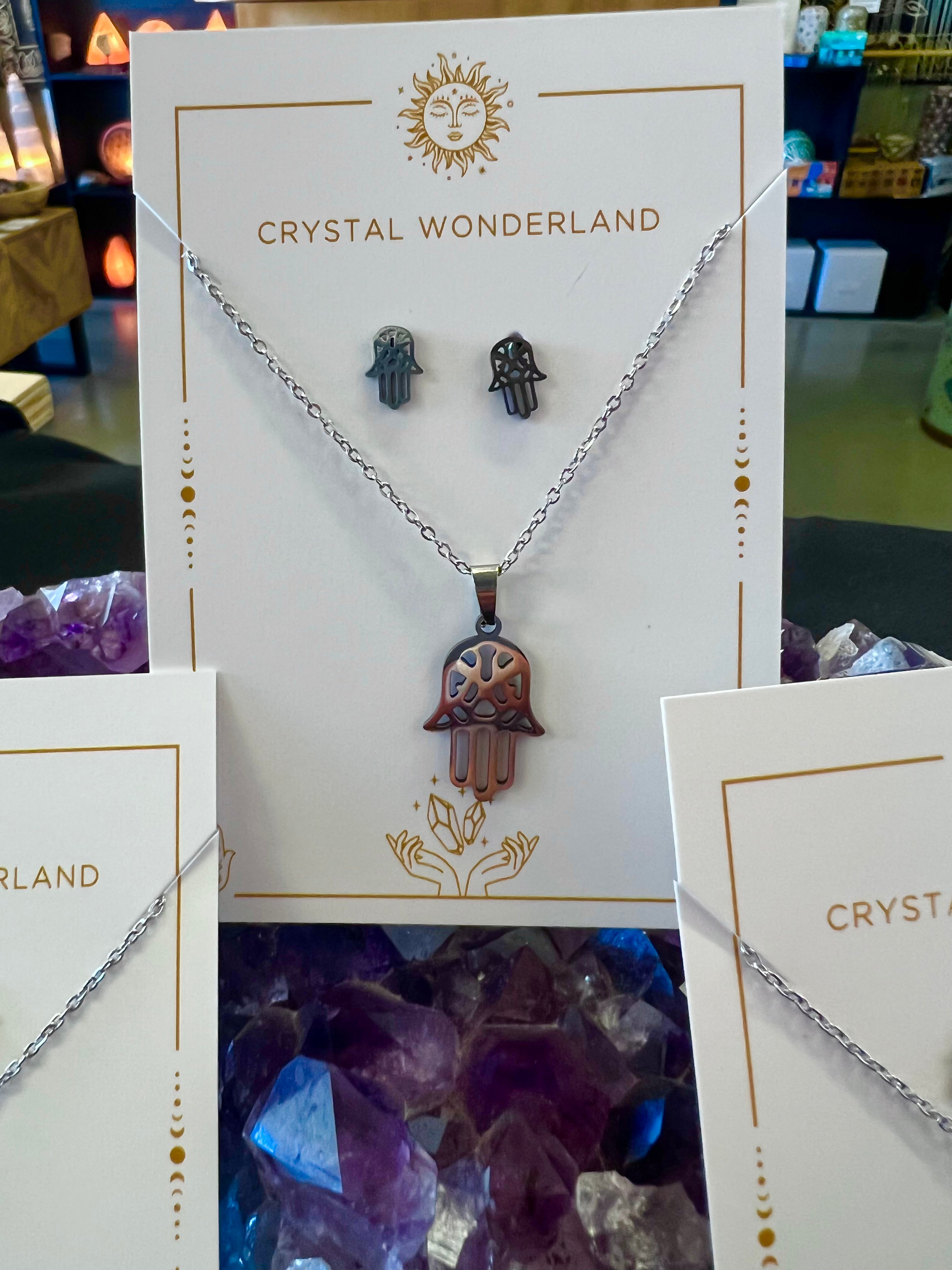 Plated Stainless Steel Hamsa Hand Necklace Earring Set