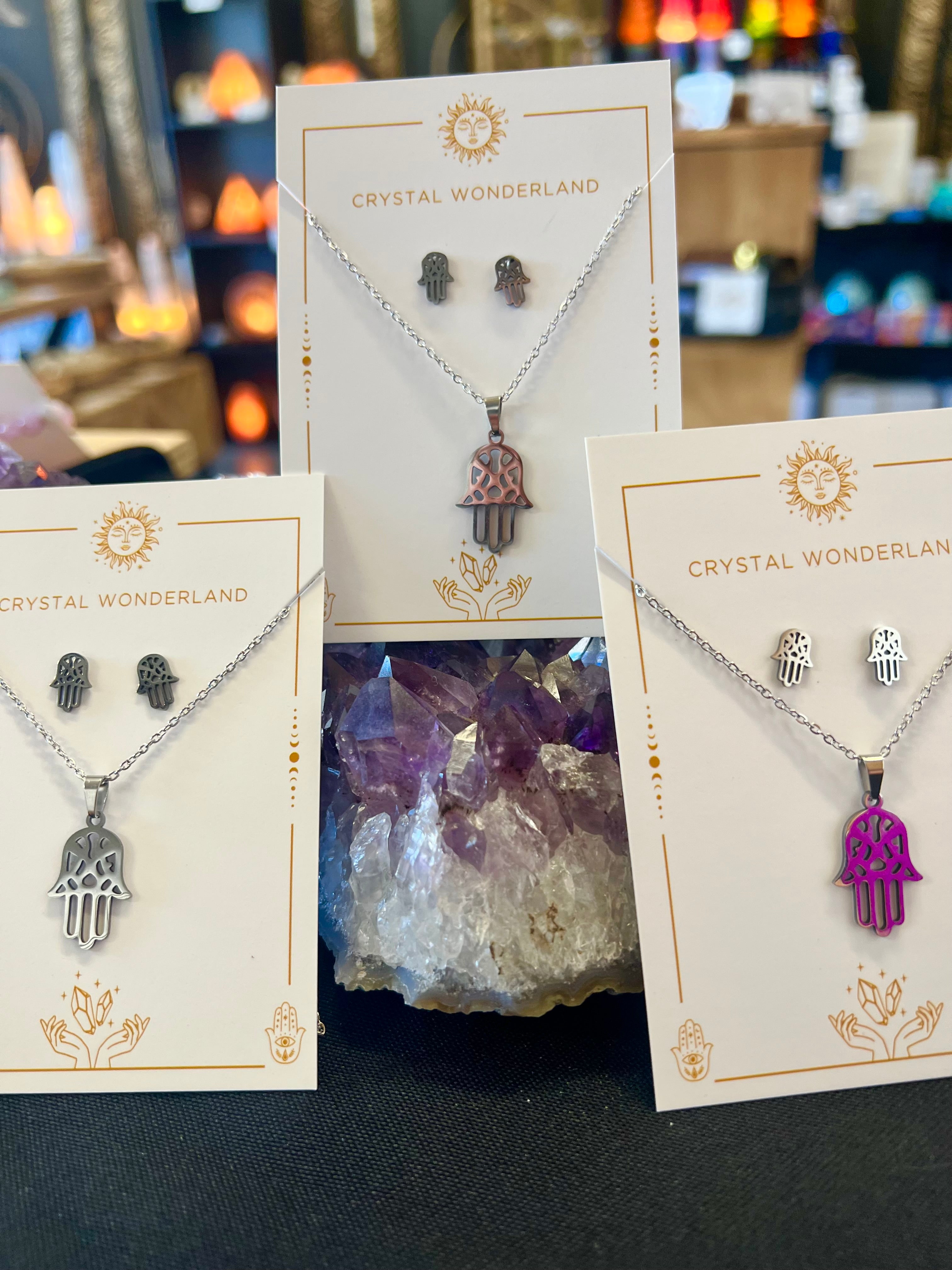 Plated Stainless Steel Hamsa Hand Necklace Earring Set