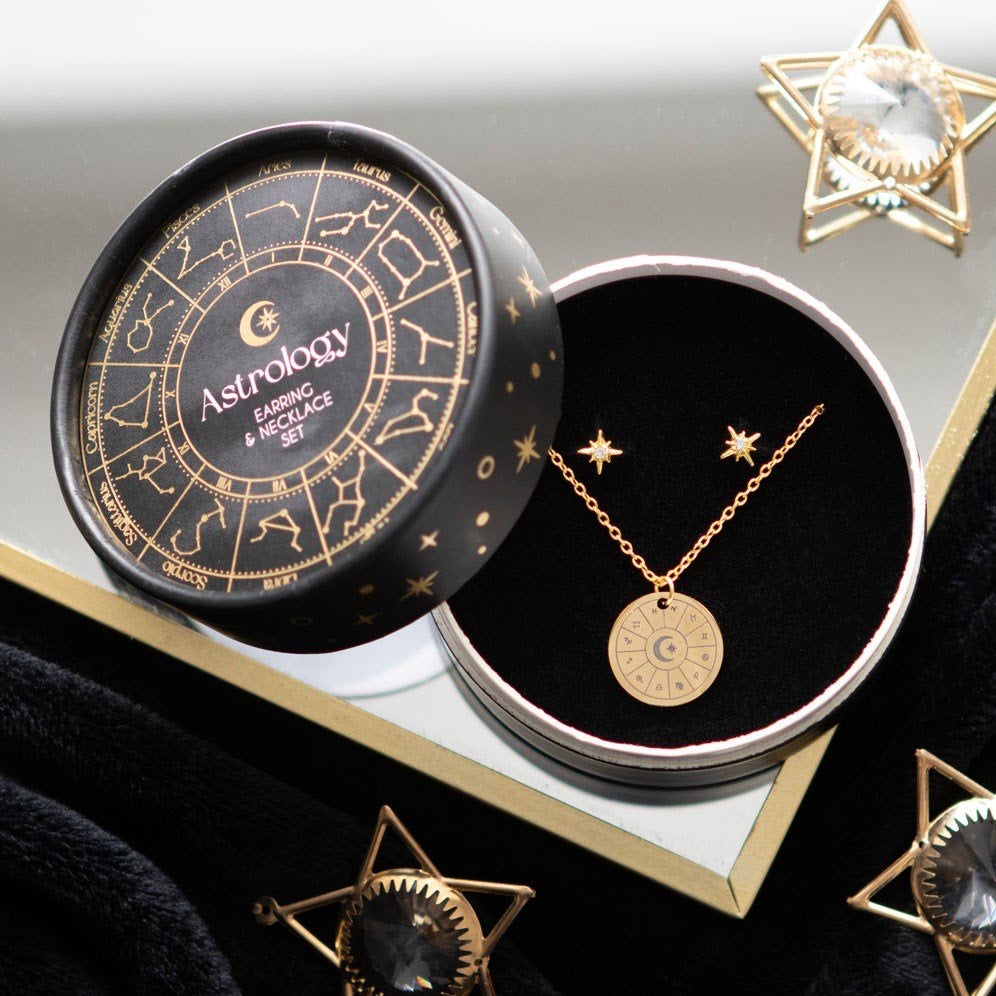 Astrology Gold Tone Earring and Necklace Set