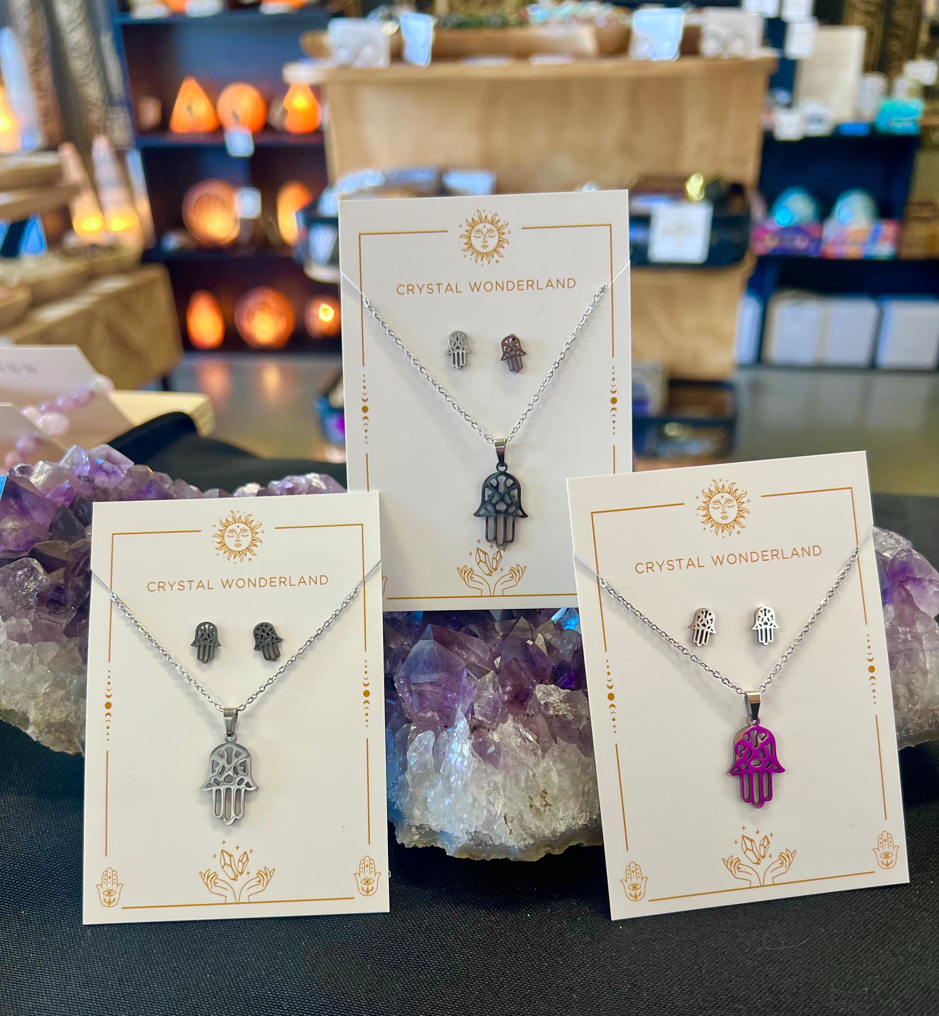 Plated Stainless Steel Hamsa Hand Necklace Earring Set