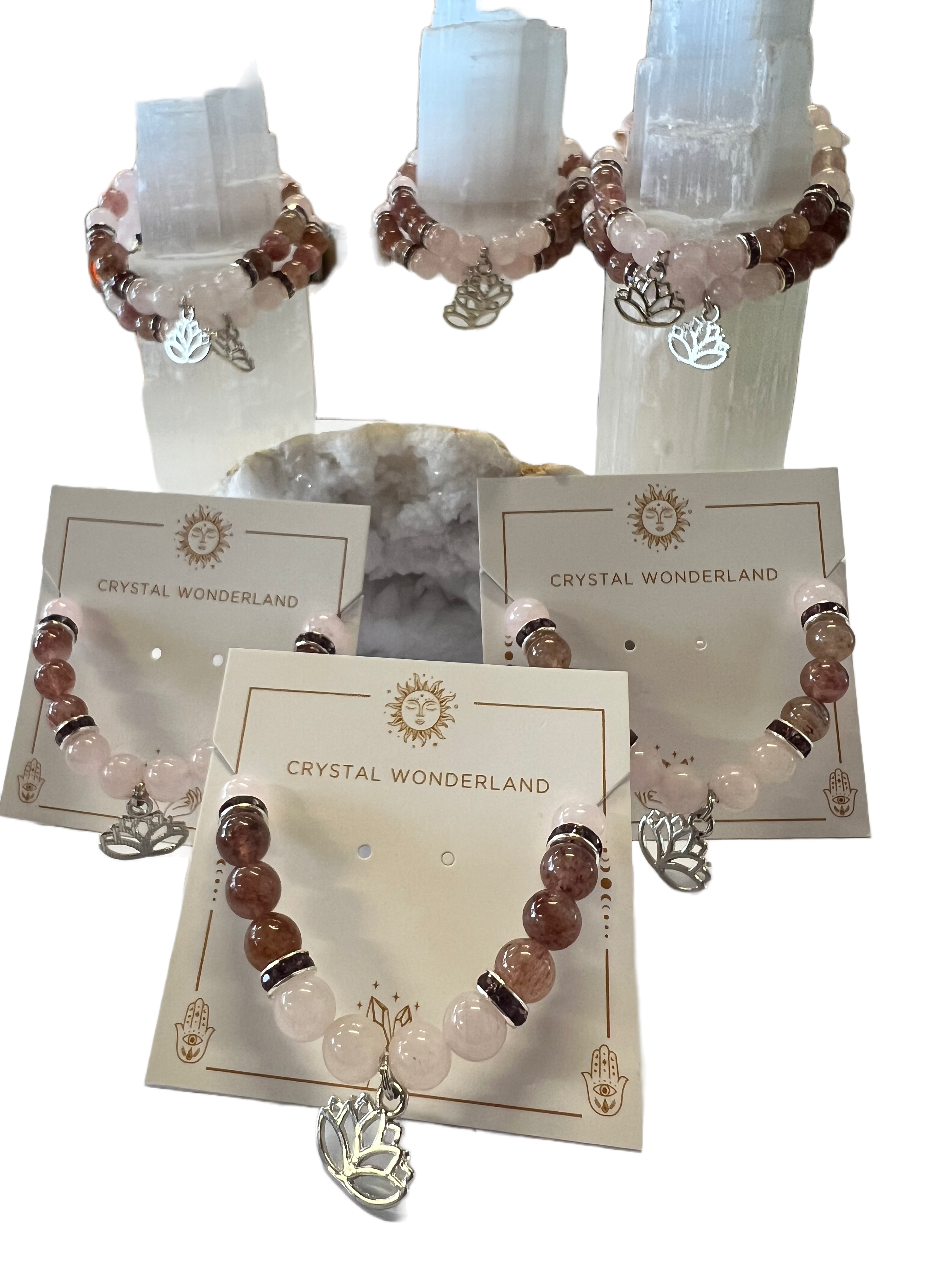 Rose Quartz Strawberry Quartz Lotus Flower Charm Bracelet 8mm