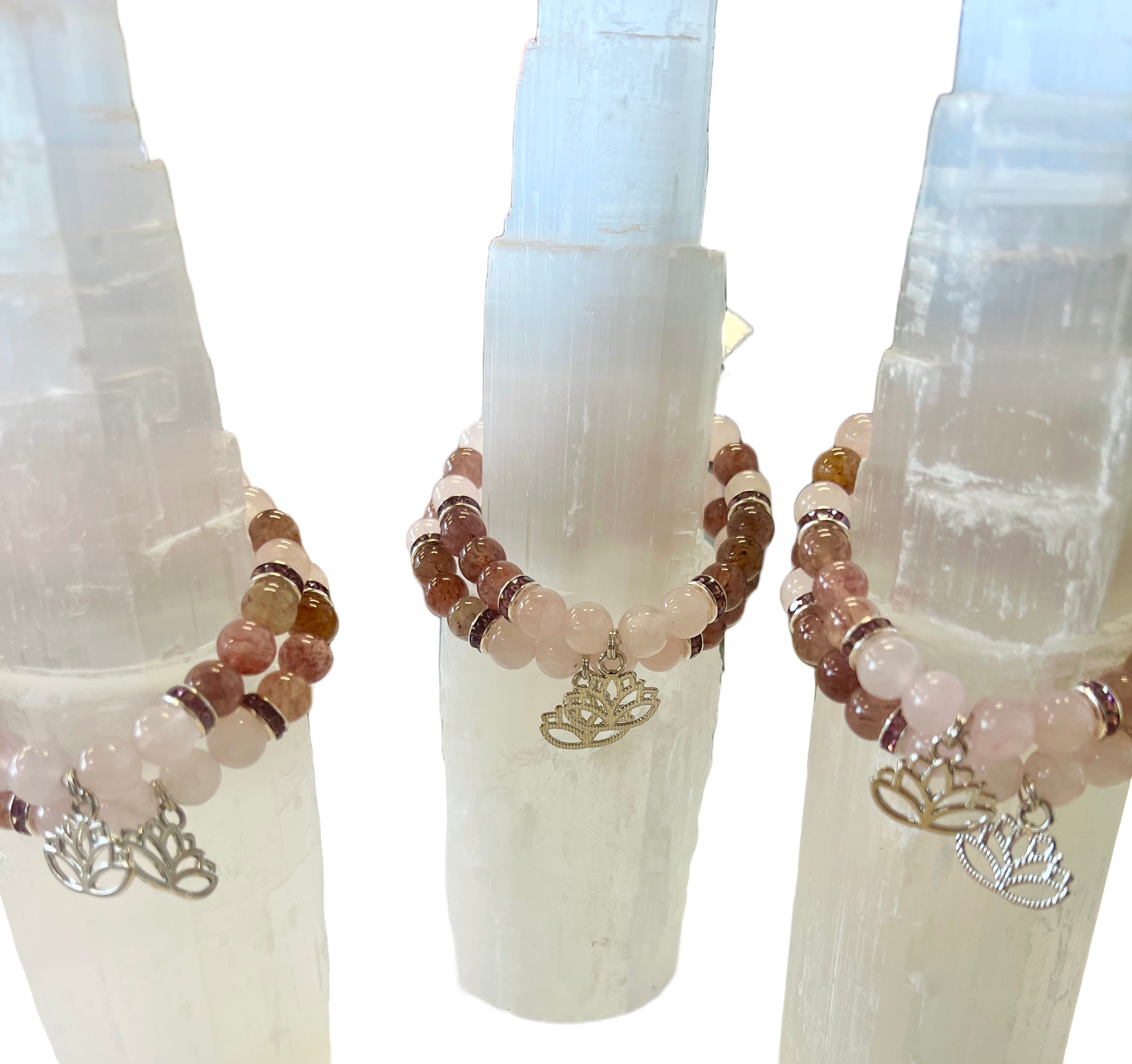 Rose Quartz Strawberry Quartz Lotus Flower Charm Bracelet 8mm