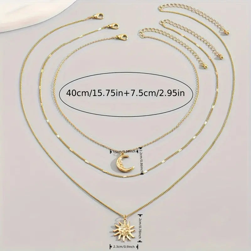 3pcs Sun & Moon Pendant Necklace Set