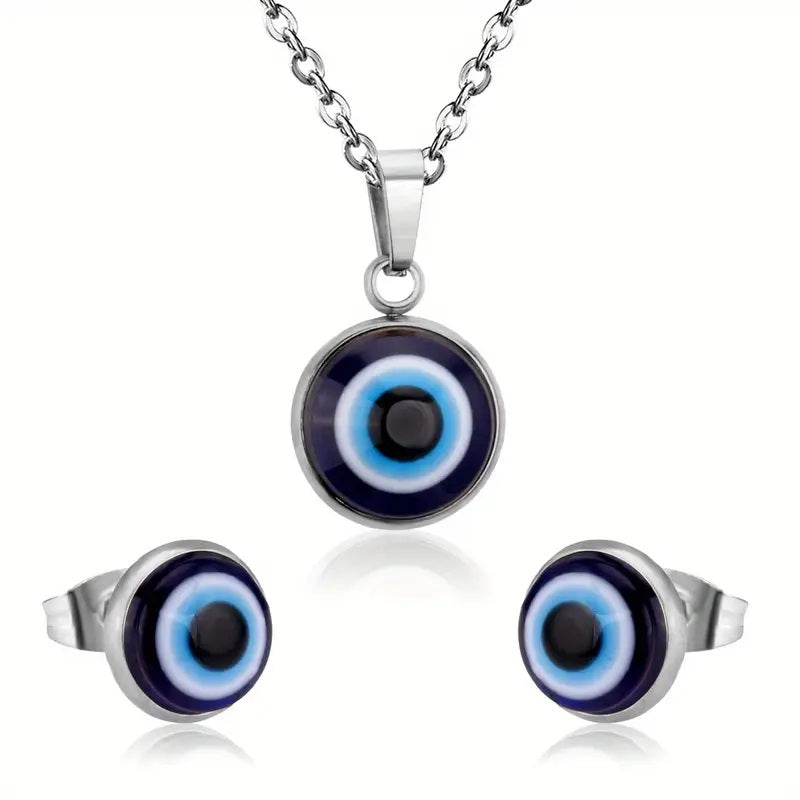 Evil Eye Pendant Necklace with Matching Stud Earrings