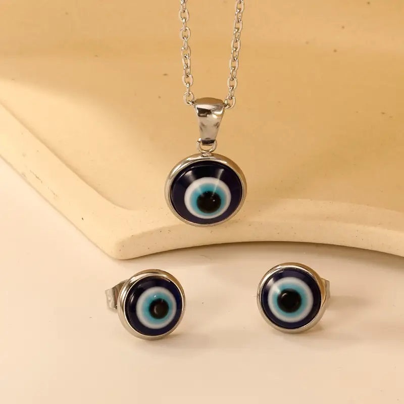 Evil Eye Pendant Necklace with Matching Stud Earrings