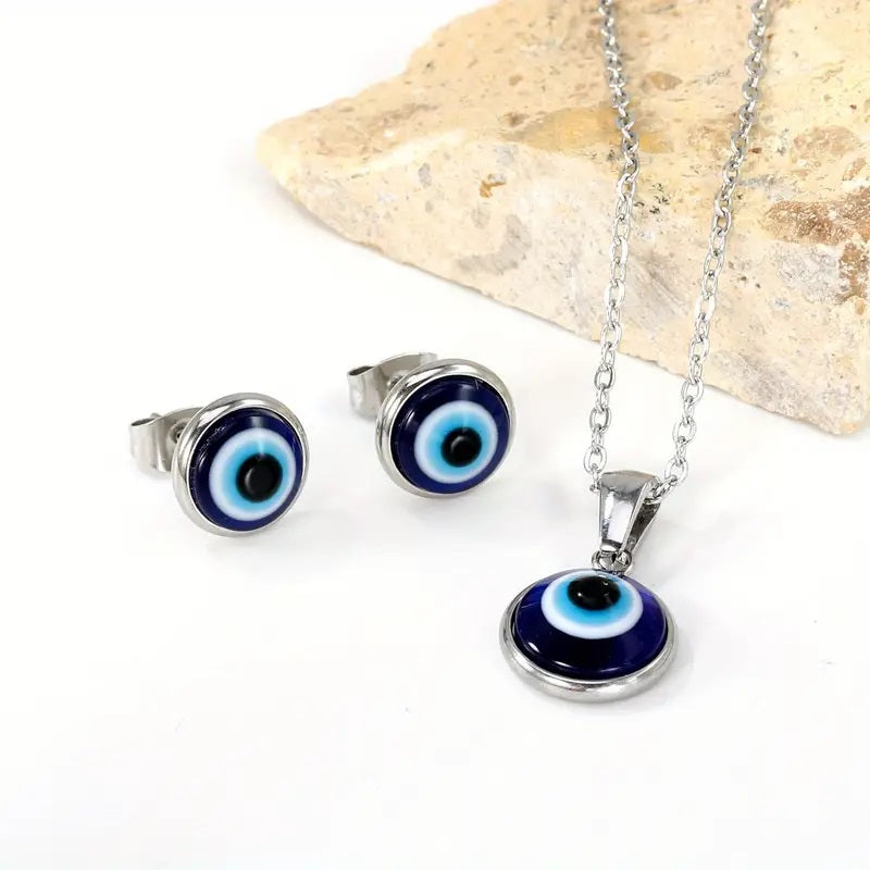 Evil Eye Pendant Necklace with Matching Stud Earrings