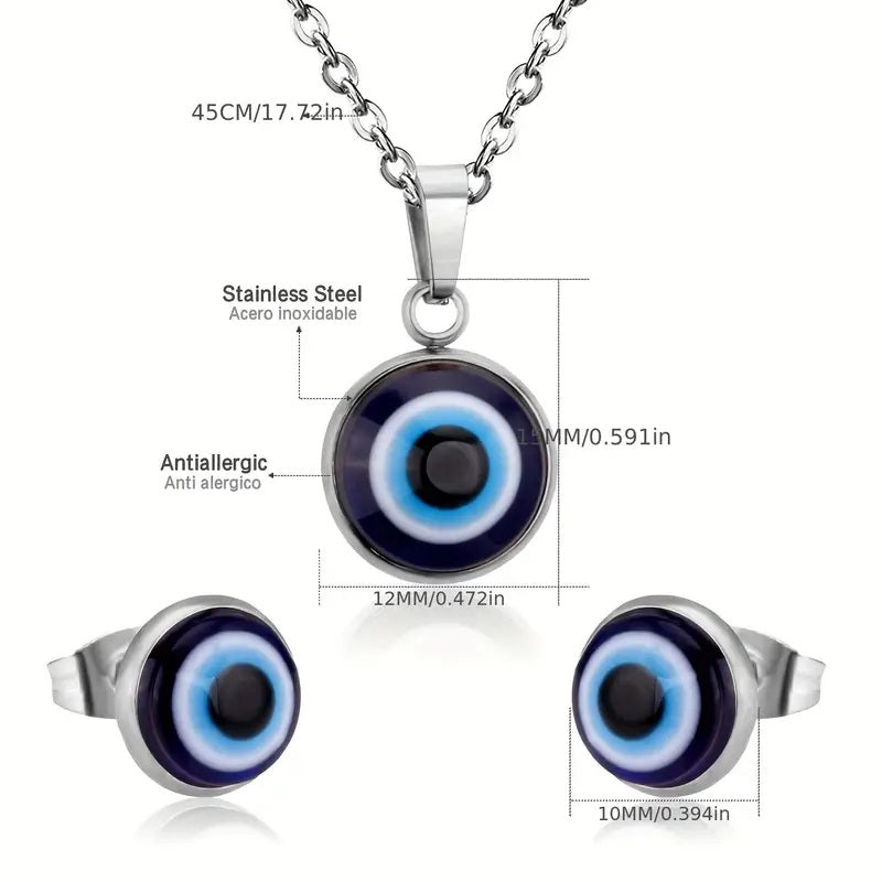 Evil Eye Pendant Necklace with Matching Stud Earrings