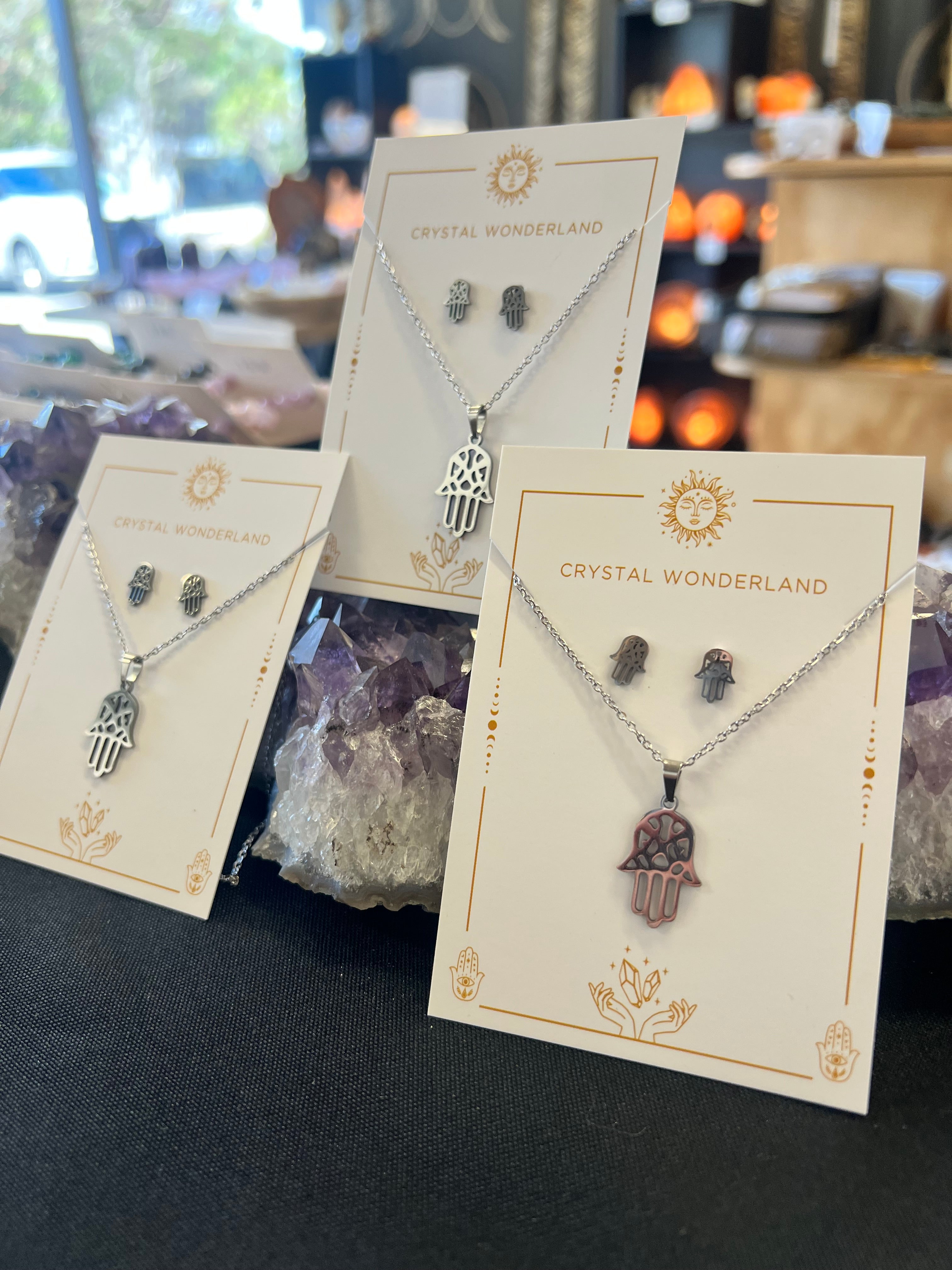 Plated Stainless Steel Hamsa Hand Necklace Earring Set