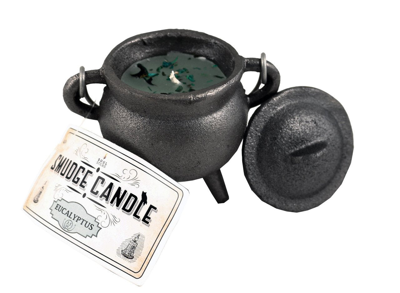 Cast Iron Cauldron Black Matt Smudge Candle with Lid - Eucalyptus