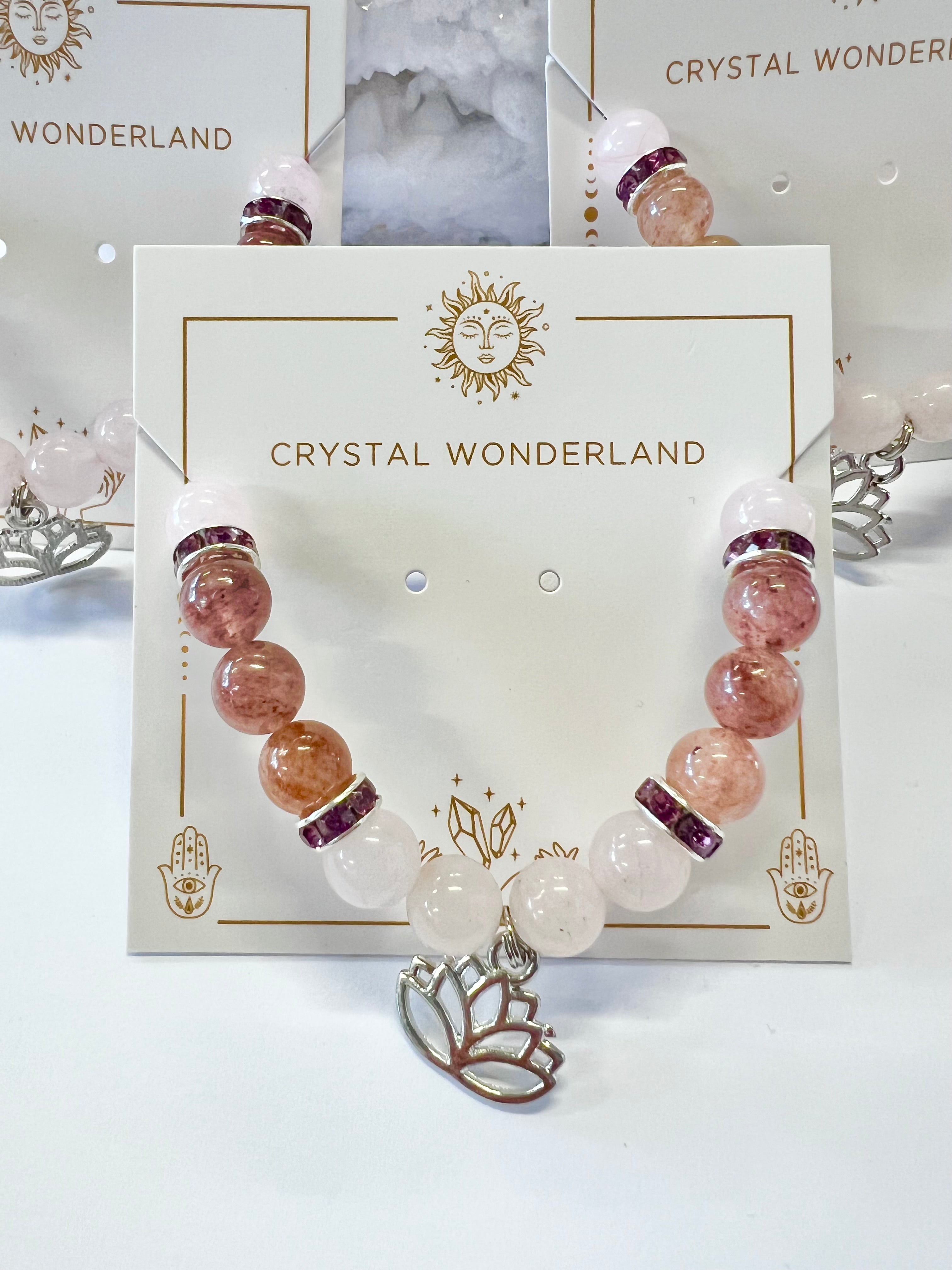 Rose Quartz Strawberry Quartz Lotus Flower Charm Bracelet 8mm
