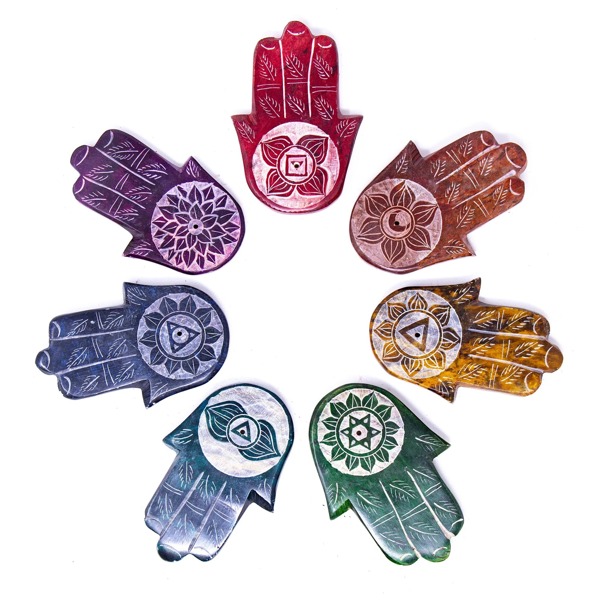 Soapstone Chakra Hamsa Incense Stick Burner Holder Set of 7 pieces