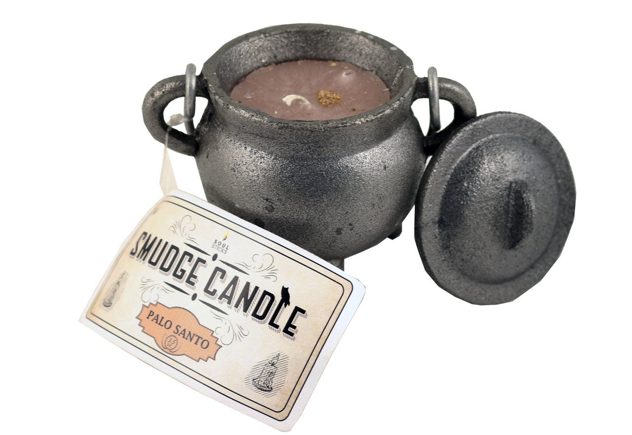 Cast Iron Cauldron Black Matt Smudge Candle with Lid - Palo Santo