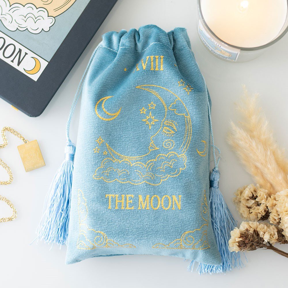 The Moon Vintage Tarot Velvet Drawstring Bag Teal
