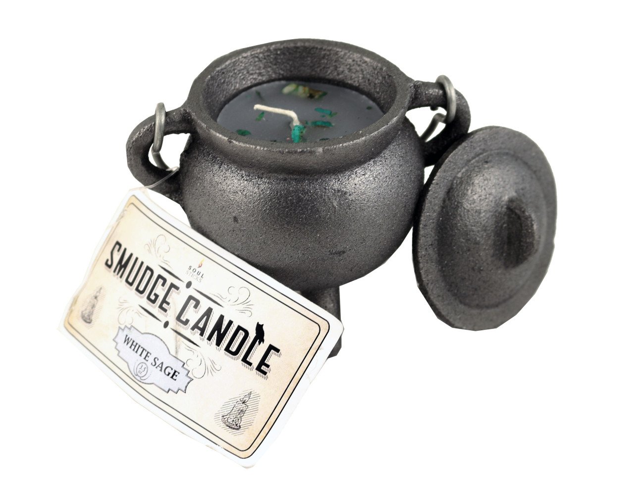 Cast Iron Cauldron Black Matt Smudge Candle with Lid - White Sage