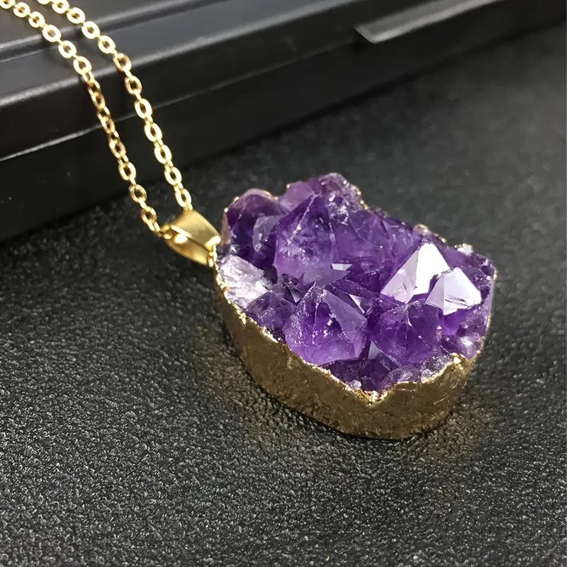 Gold Electoplated Amethyst Crystal Pendant Necklace