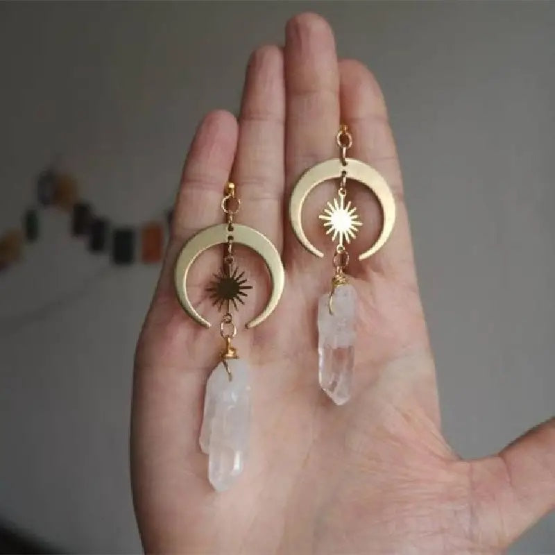 Crystal Agate Natural Stone Moon Earring Cleansing Golden