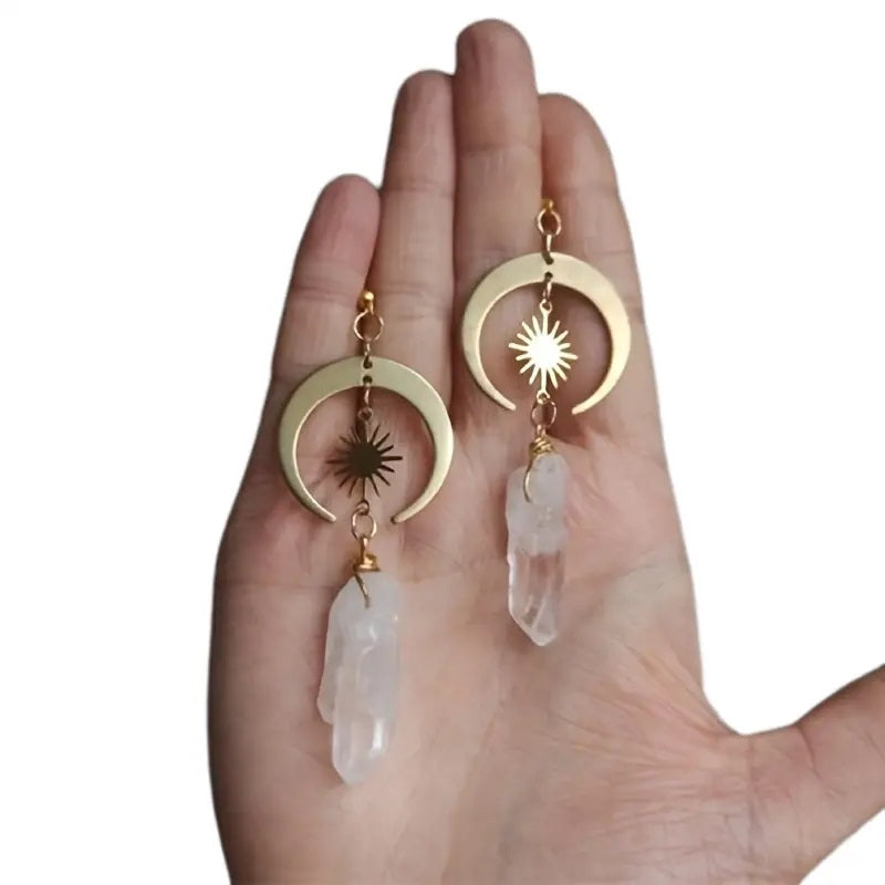 Crystal Agate Natural Stone Moon Earring Cleansing Golden