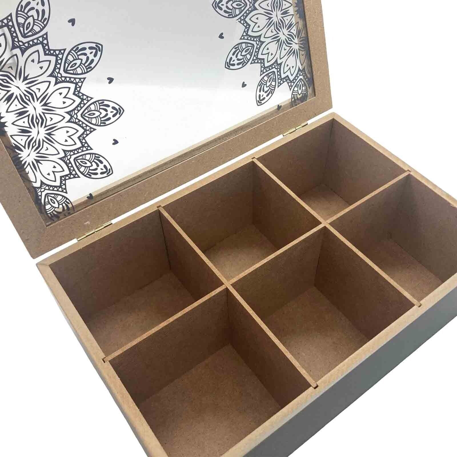 Mandala Home Tea Box 6 Compartments Wooden Box with Glass Lid