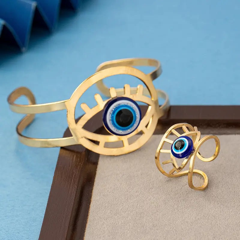 Hollow Inlaid Blue Eye Bracelet and Ring Set