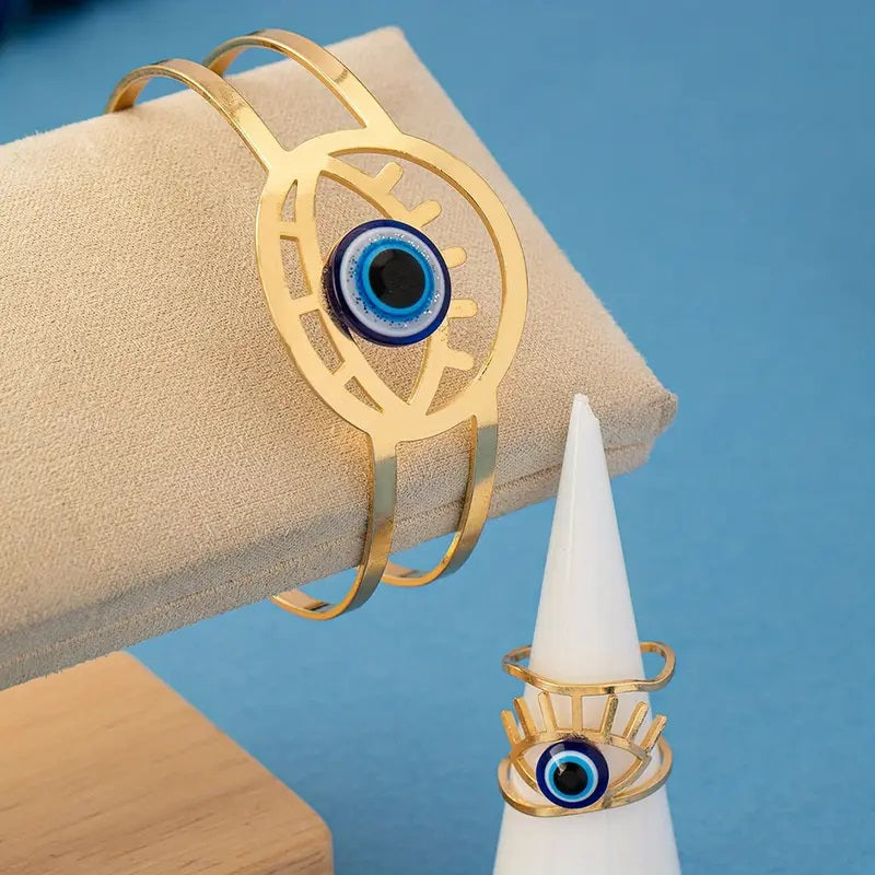 Hollow Inlaid Blue Eye Bracelet and Ring Set