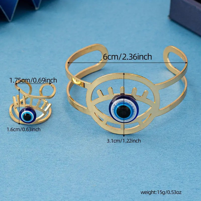 Hollow Inlaid Blue Eye Bracelet and Ring Set