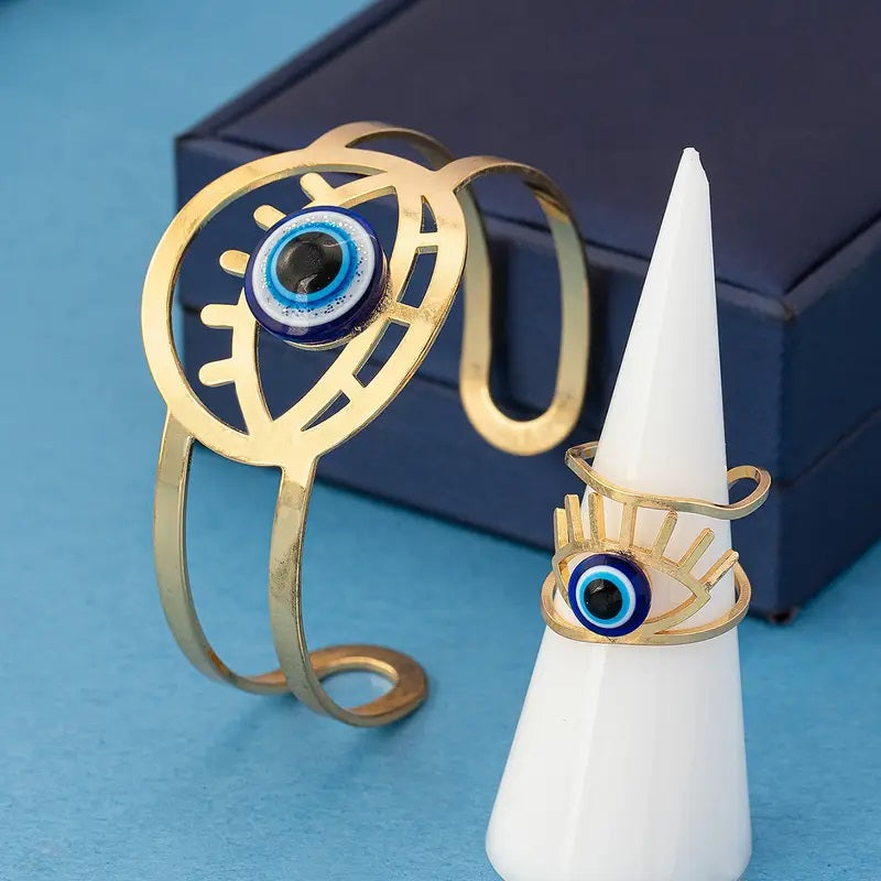Hollow Inlaid Blue Eye Bracelet and Ring Set