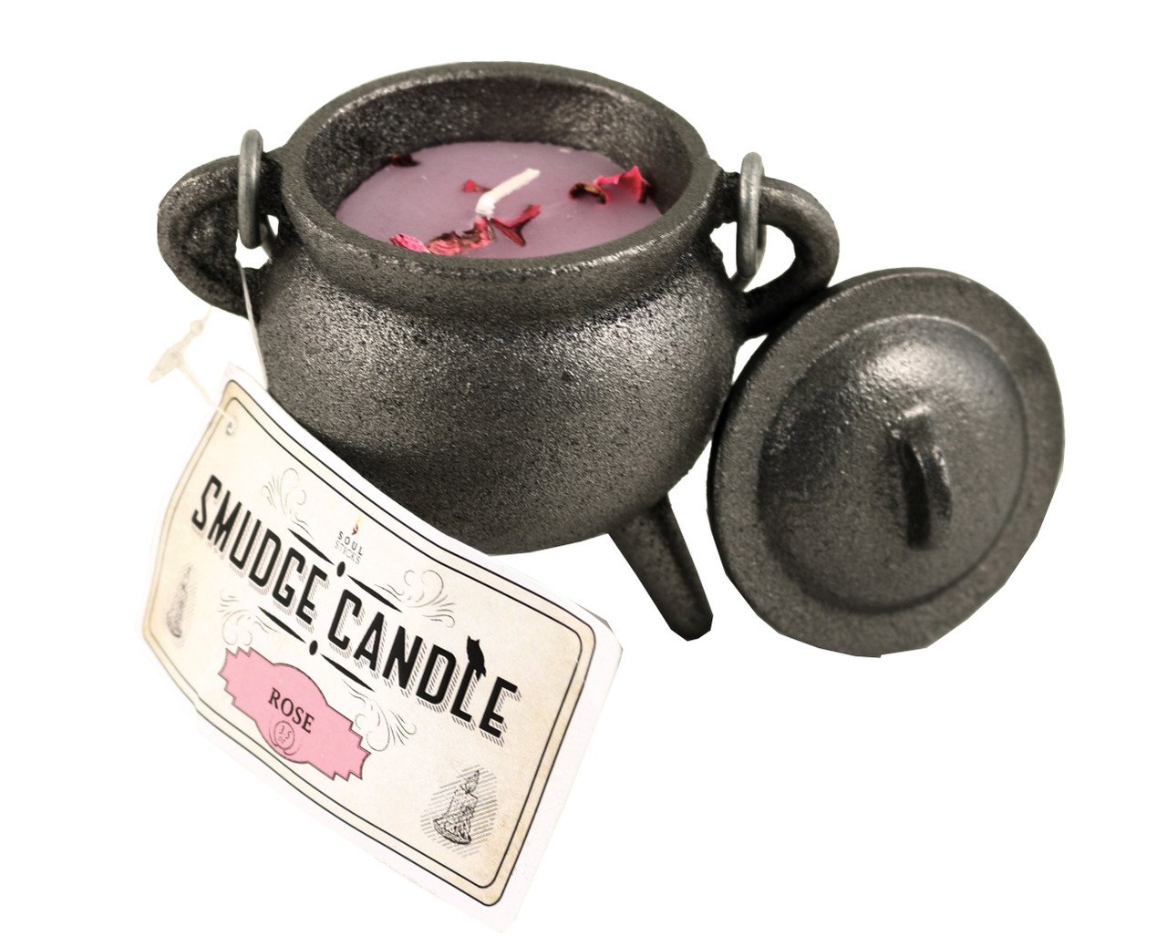 Cast Iron Cauldron Black Matt Smudge Candle with Lid - Rose