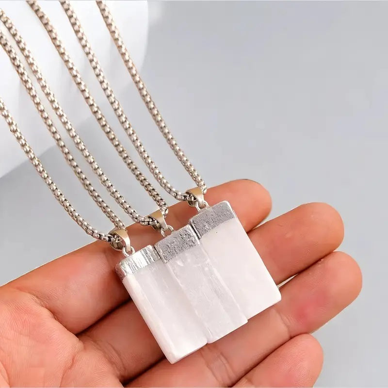 Natural Square Selenite Pendant Silver