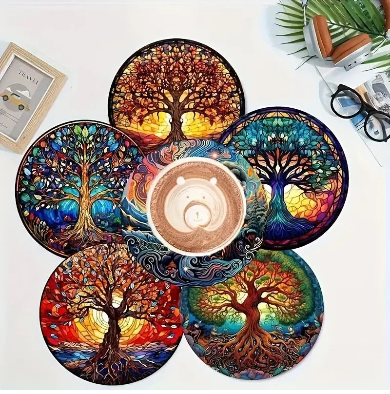 8pcs Life Tree Art Wooden Coaster Set