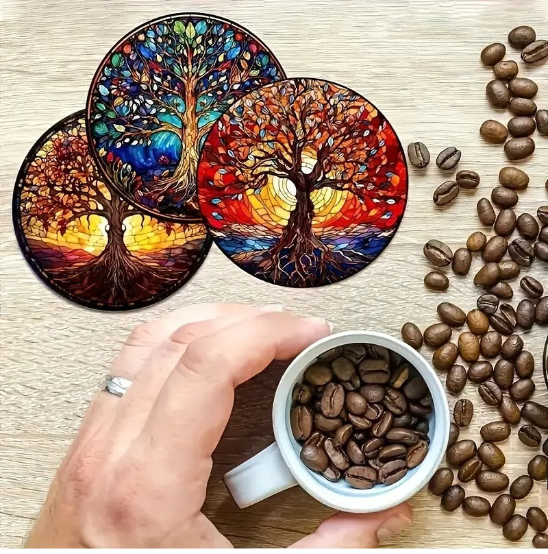 8pcs Life Tree Art Wooden Coaster Set