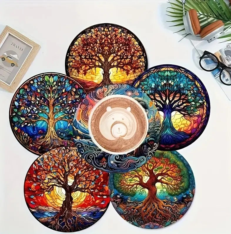8pcs Life Tree Art Wooden Coaster Set