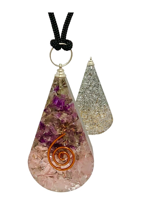 Amethyst Rose Quartz Flower of Life Tear Drop Orgonite Pendant