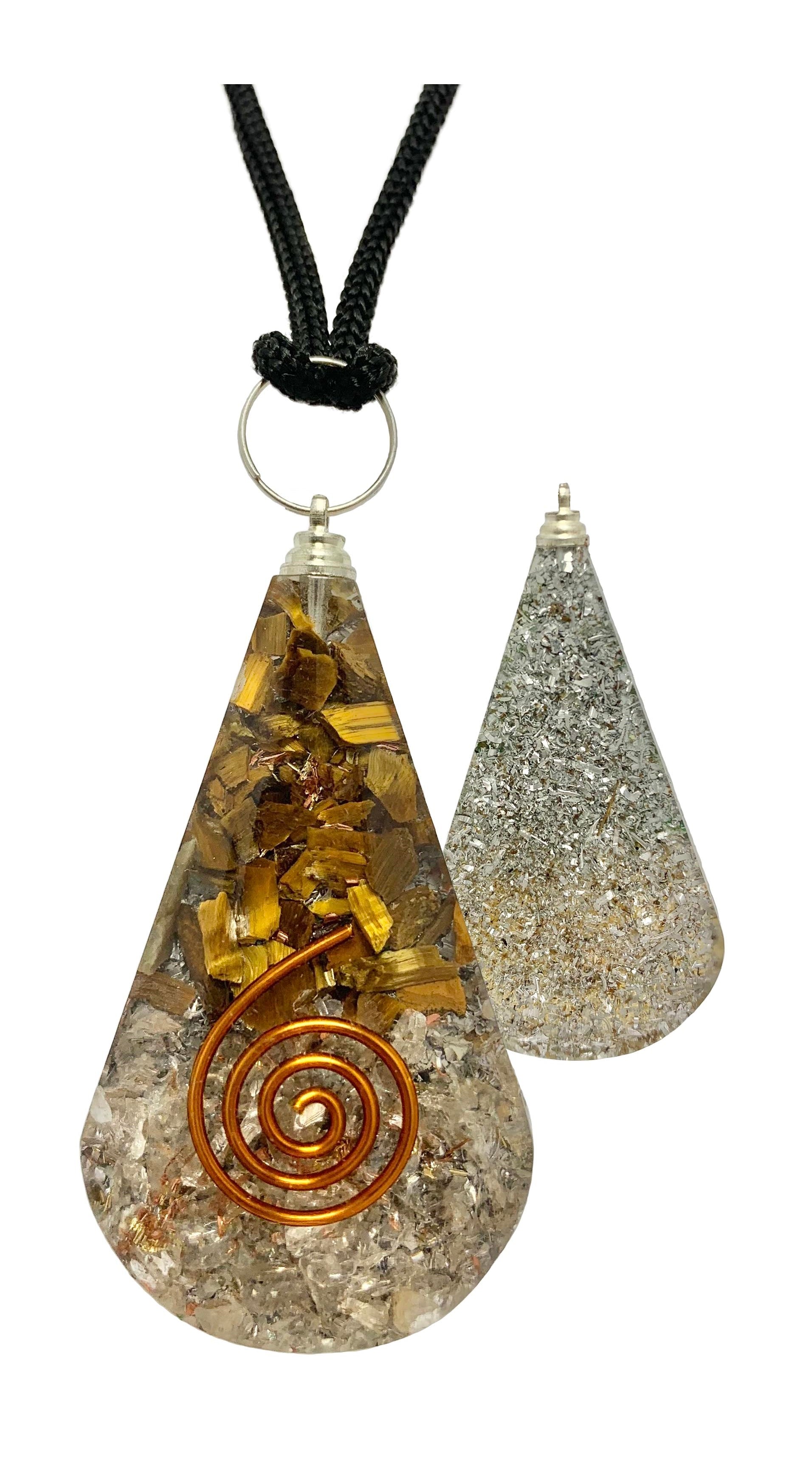 Tiger Eye Clear Quartz Copper Coil Tear Drop Orgonite Pendant