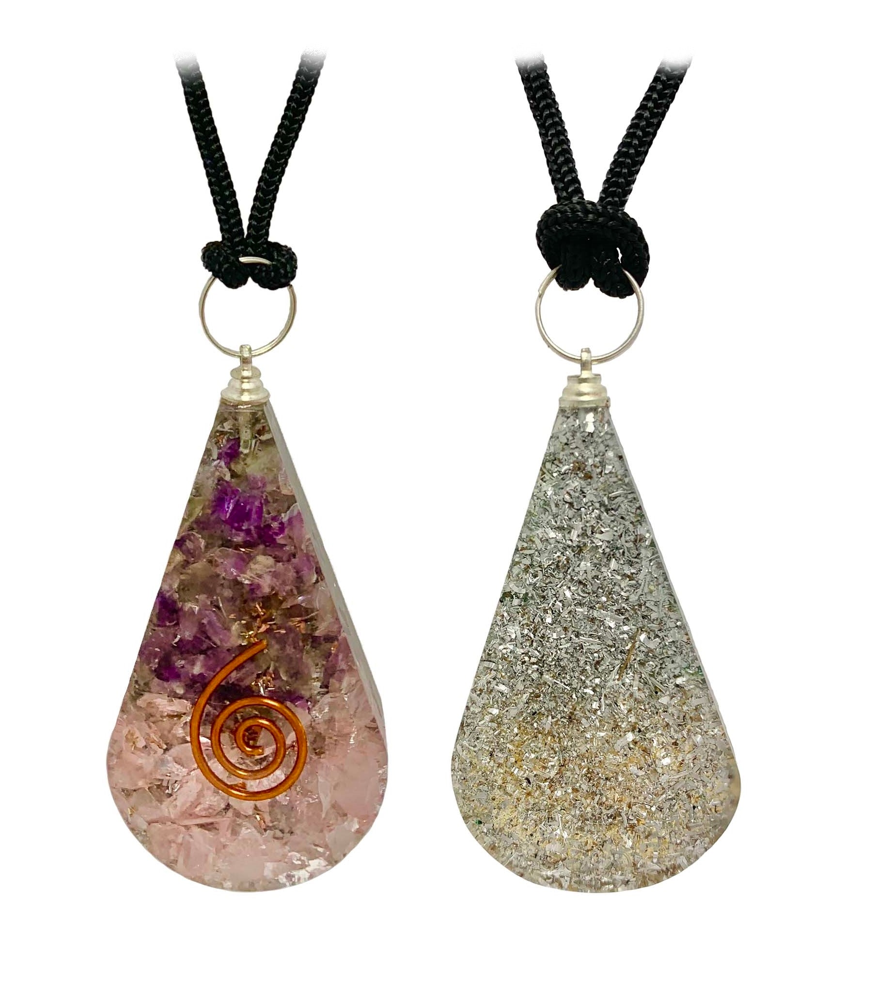 Amethyst Rose Quartz Copper Coil Tear Drop Orgonite Pendant