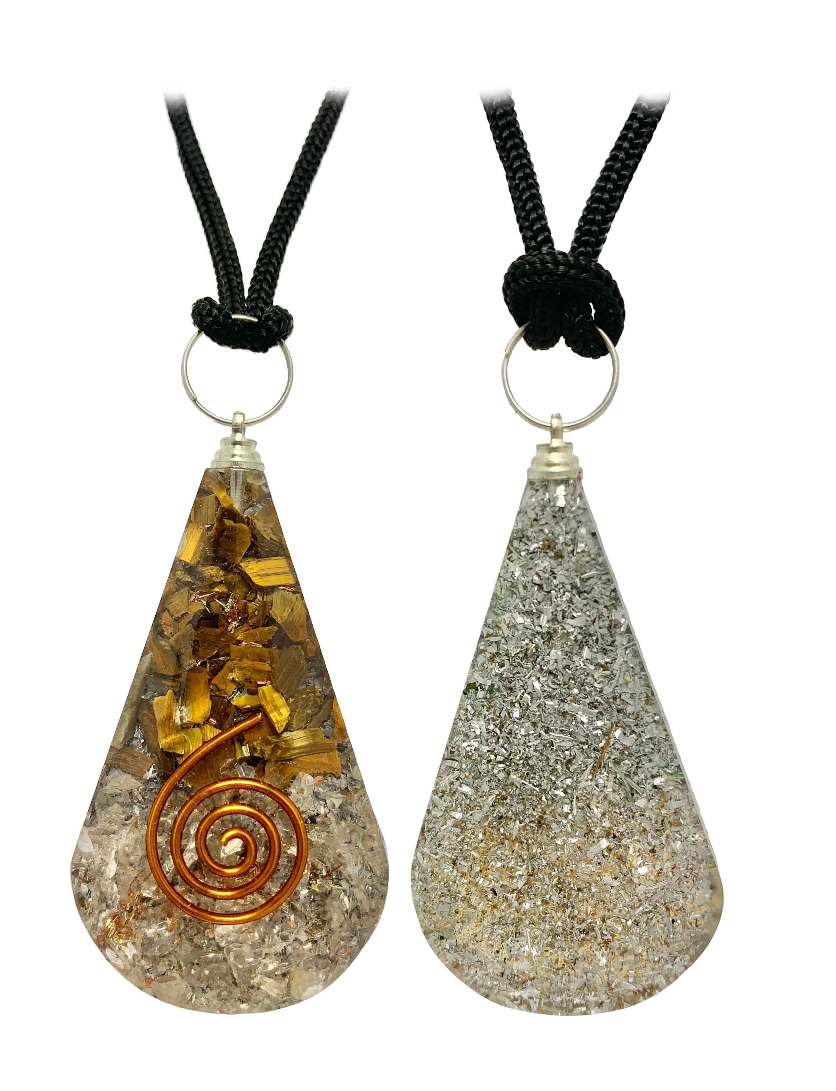 Tiger Eye Clear Quartz Copper Coil Tear Drop Orgonite Pendant